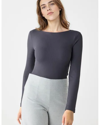 Bluza slim-fit cu decolteu rotund, Gri inchis