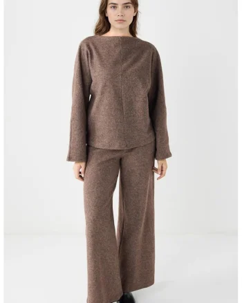 Pantaloni ampli cu talie medie, Maro melange