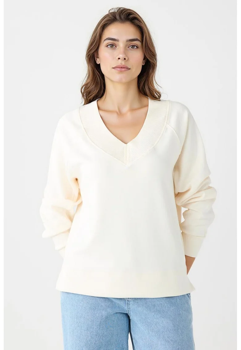 Bluza de trening din amestec de modal cu croiala lejera si decolteu in V, Crem