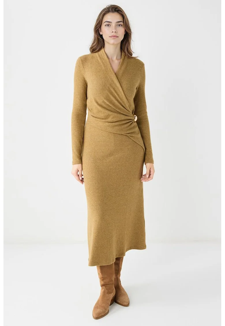 Rochie din tricot cu decolteu cache-coeur, Galben mustar