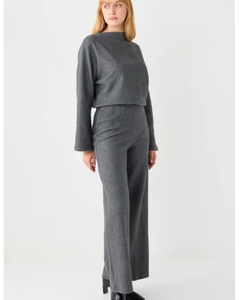 Pantaloni ampli cu talie medie, Gri inchis melange