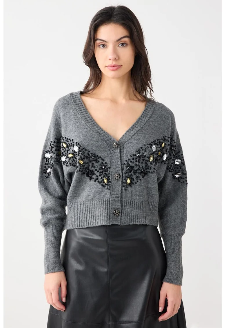 Cardigan cu margele si strasuri, Negru/Gri melange