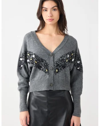 Cardigan cu margele si strasuri, Negru/Gri melange