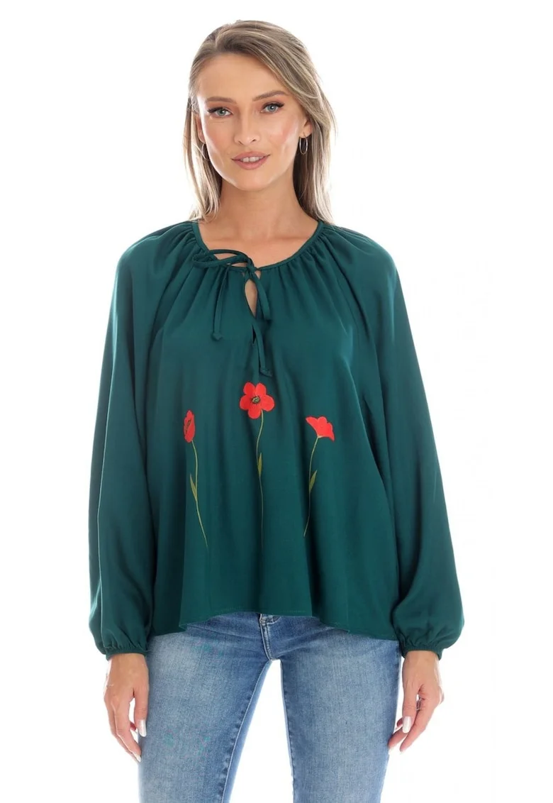 Bluza Dama,  Boho, stil IE cu Pictura Realizata Manual V359, Verde