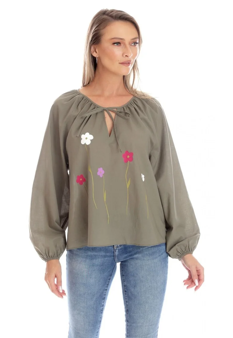 Bluza Dama,  Boho, stil IE cu Pictura Realizata Manual V357, Verde
