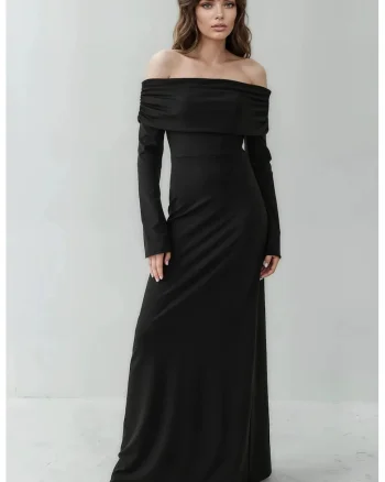 Rochie Maxi,  Decolteu pe Umeri, Slit, Negru, fabrica