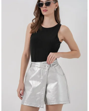 Fusta-pantalon,  mini, talie inalta, gri argintiu, material textil