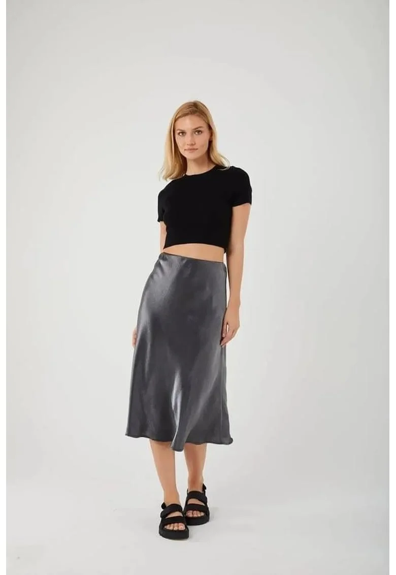 Fusta midi,  talie elastica, negru, satin