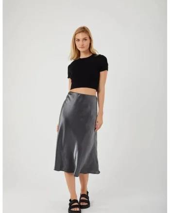 Fusta midi,  talie elastica, negru, satin