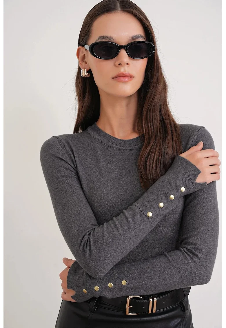 Pulover dama,  Slim Fit, gri inchis, tricot