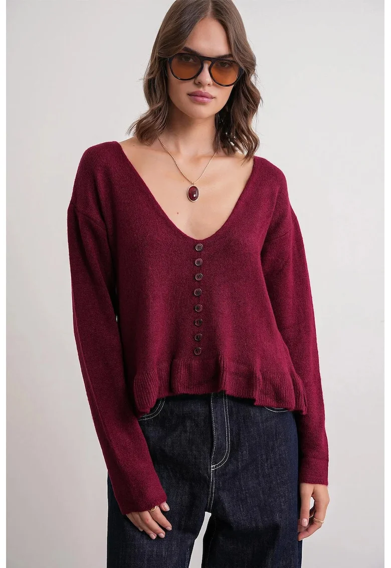 Pulover dama,  Tricot, Visiniu, Decolteu in V, One Size