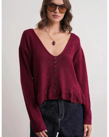 Pulover dama,  Tricot, Visiniu, Decolteu in V, One Size