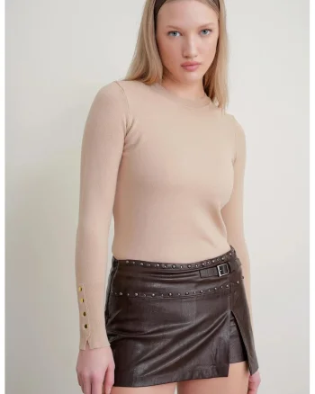 Pulover dama,  Slim Fit, guler rotund, Tan Natural, tricotat
