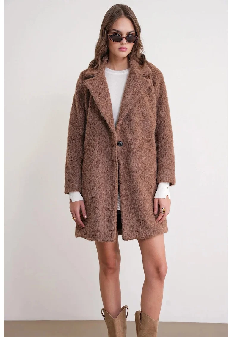 Palton lung texturat,  guler de jacheta, maro mocha, textil