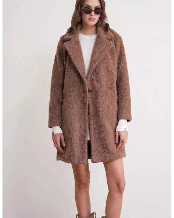 Palton lung texturat,  guler de jacheta, maro mocha, textil