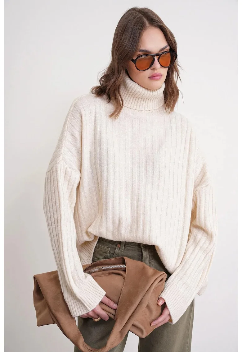 Pulover dama,  oversize, guler inalt, alb, tricot, One Size