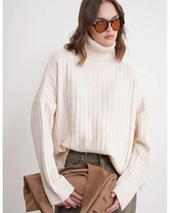 Pulover dama,  oversize, guler inalt, alb, tricot, One Size