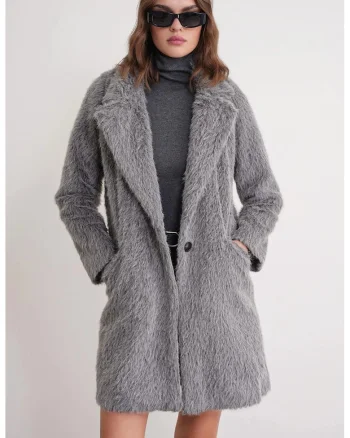Palton lung texturat  gri, material textil