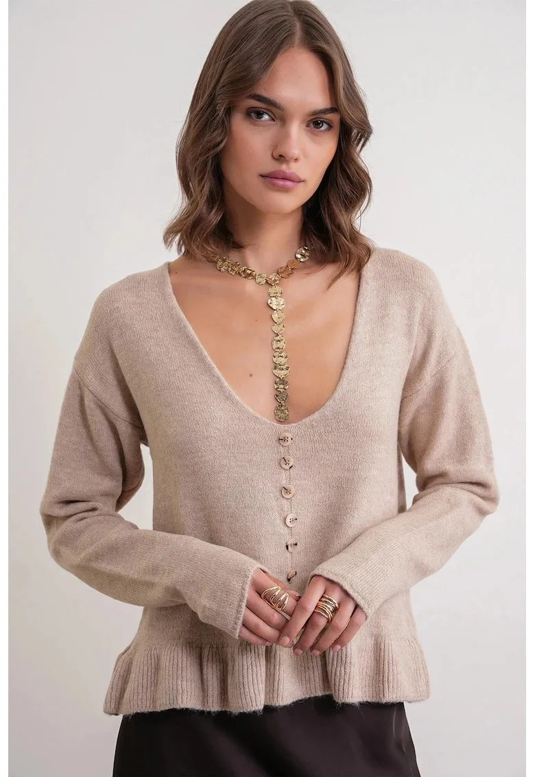 Pulover dama,  tricotat, decolteu in V, detalii nasturi, bej natural, One Size