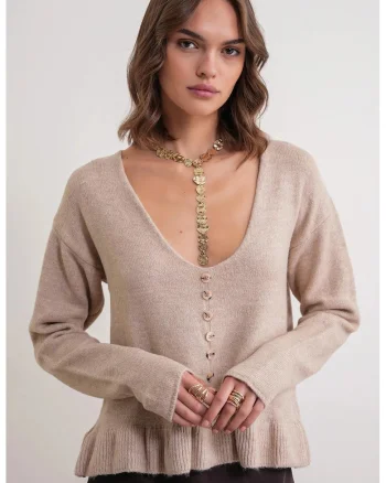 Pulover dama,  tricotat, decolteu in V, detalii nasturi, bej natural, One Size
