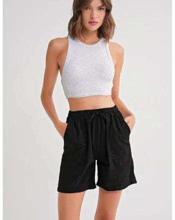 Pantaloni scurti dama,  mini, talie inalta, negru, bumbac