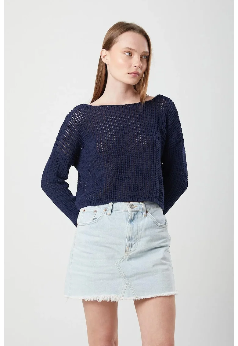 Pulover dama,  crop, tricot, bleumarin, One Size