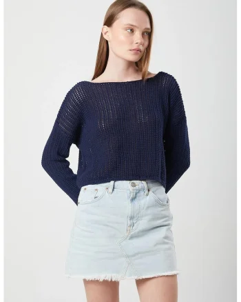 Pulover dama,  crop, tricot, bleumarin, One Size