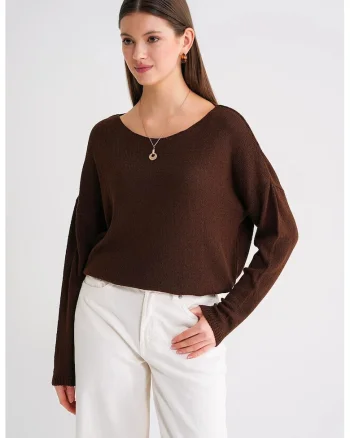 Pulover tricotat,  supradimensionat, umeri cazuti, maro cafea, One Size