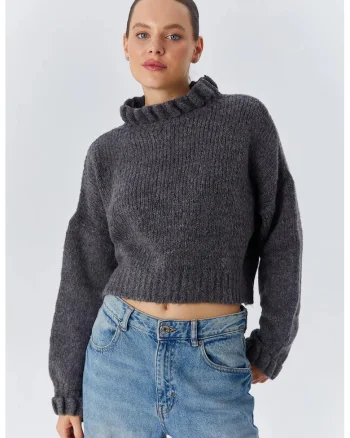 Pulover dama,  Scurt, Gri inchis, Tricot,