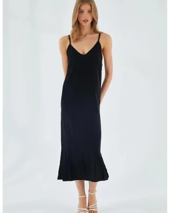 Rochie midi,  decolteu in V, slit, negru, textil