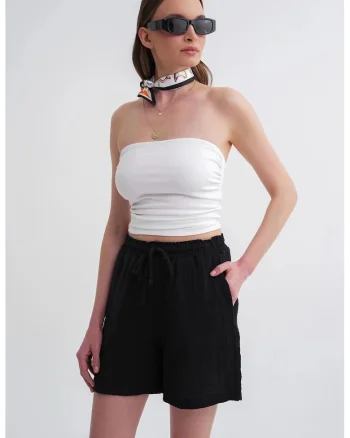 Pantaloni scurti dama,  bumbac texturat, talie inalta, negru
