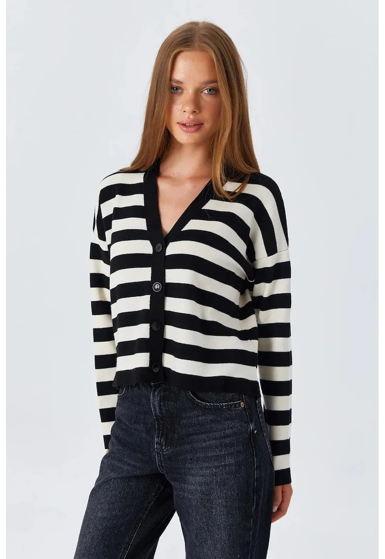 Pulover dama,  cardigan cu decolteu in V, cu nasturi, negru, tricot,
