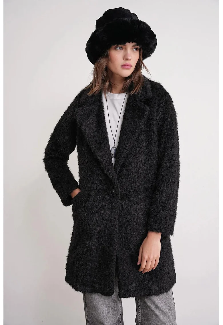 Palton lung texturat,  guler de jacheta, negru, dama