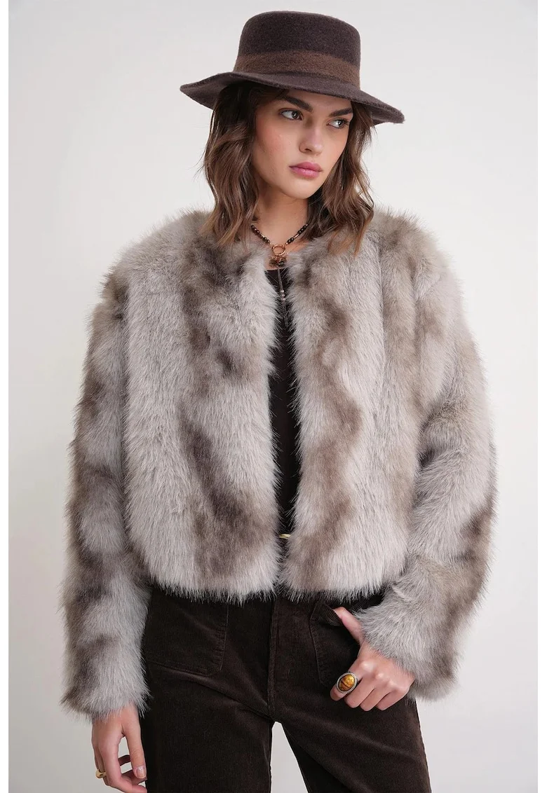 Palton dama,  jacheta din blana artificiala, oatmeal, fleece