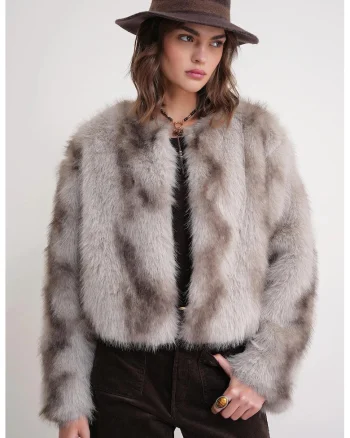 Palton dama,  jacheta din blana artificiala, oatmeal, fleece