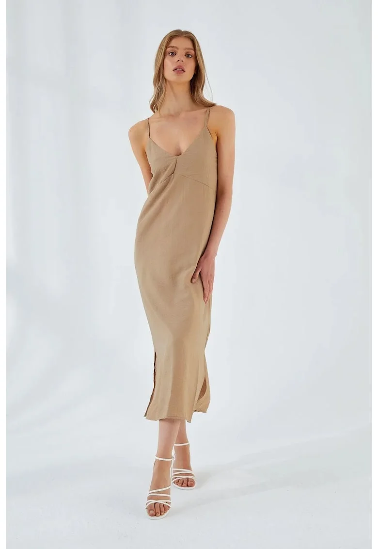 Rochie Midi,  Decolteu in V, Slit, Bej Natural, Textil