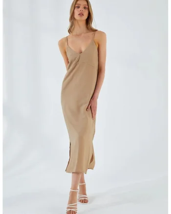 Rochie Midi,  Decolteu in V, Slit, Bej Natural, Textil