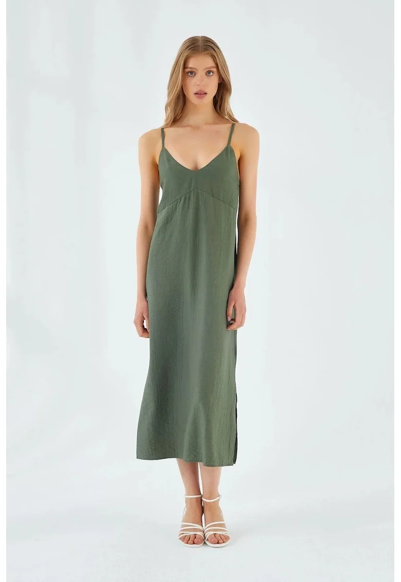 Rochie midi,  decolteu in V, slit, verde pin, textil