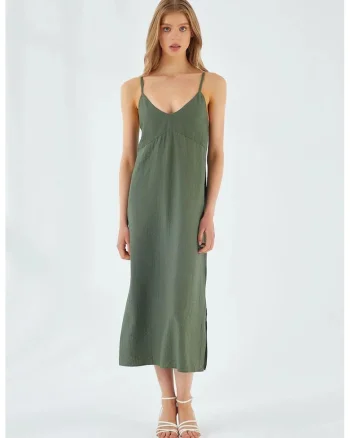 Rochie midi,  decolteu in V, slit, verde pin, textil