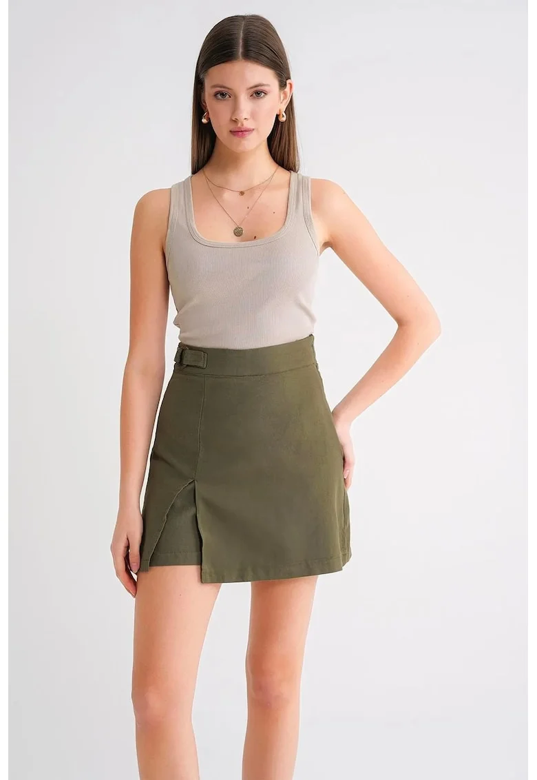 Fusta Mini  verde kaki, textil, cu slit, Kaki