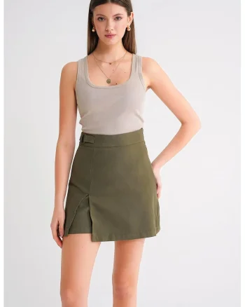 Fusta Mini  verde kaki, textil, cu slit, Kaki