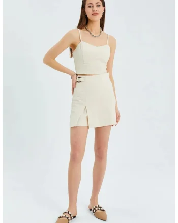 Fusta mini  natural, textil, cu slit
