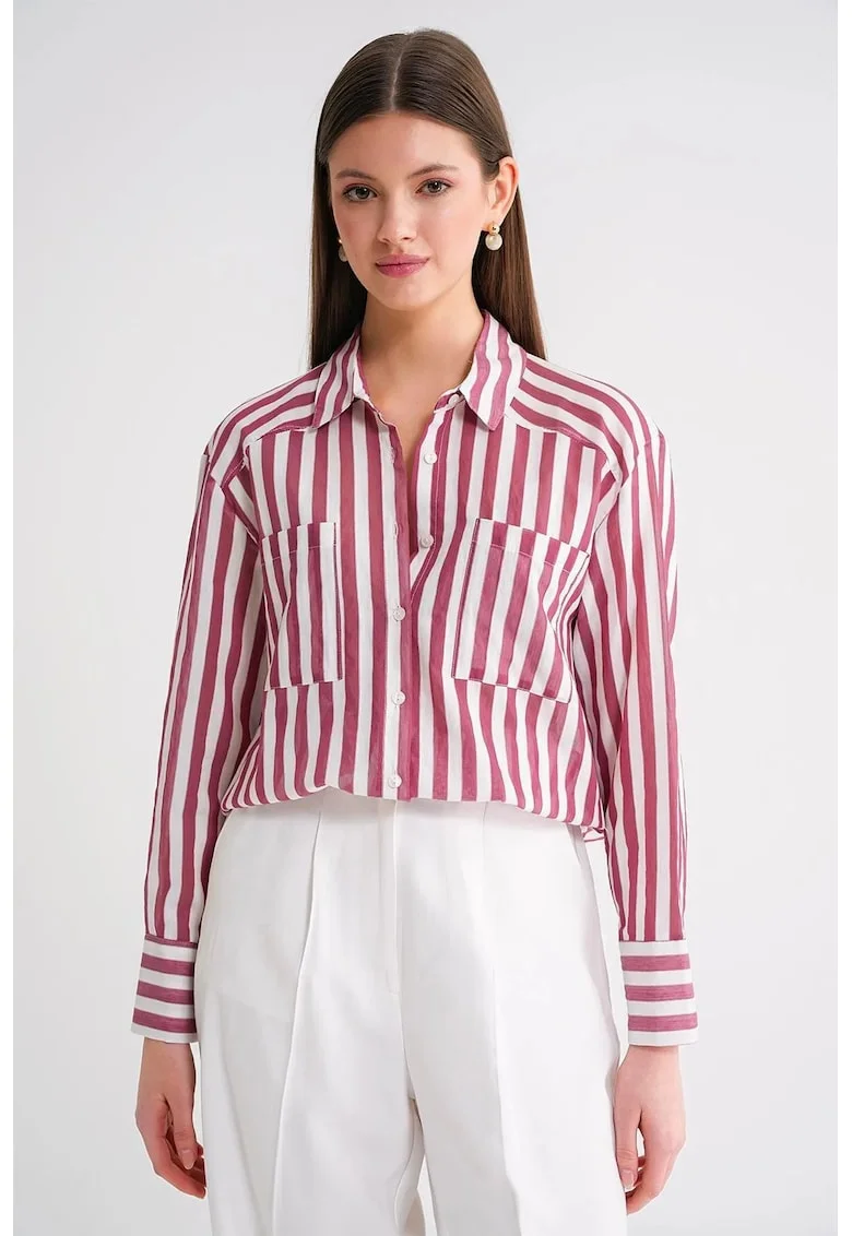 Camasa dama,  camasa poplin cu dungi, rosu burgundi, bumbac