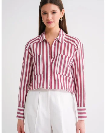 Camasa dama,  camasa poplin cu dungi, rosu burgundi, bumbac