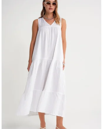 Rochie Midi,  fara maneci, decolteu in V, alb, bumbac