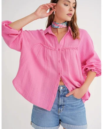 Camasa dama,  texturata din bumbac, roz pudrat, textil