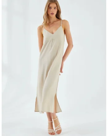 Rochie Midi,  Decolteu in V, Slit, Stone Natural, Textil
