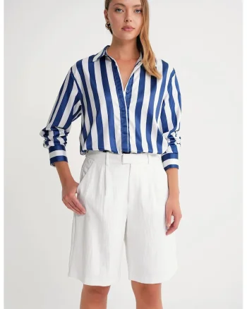 Camasa dama,  camasa poplin, dungi, albastru marin, textil