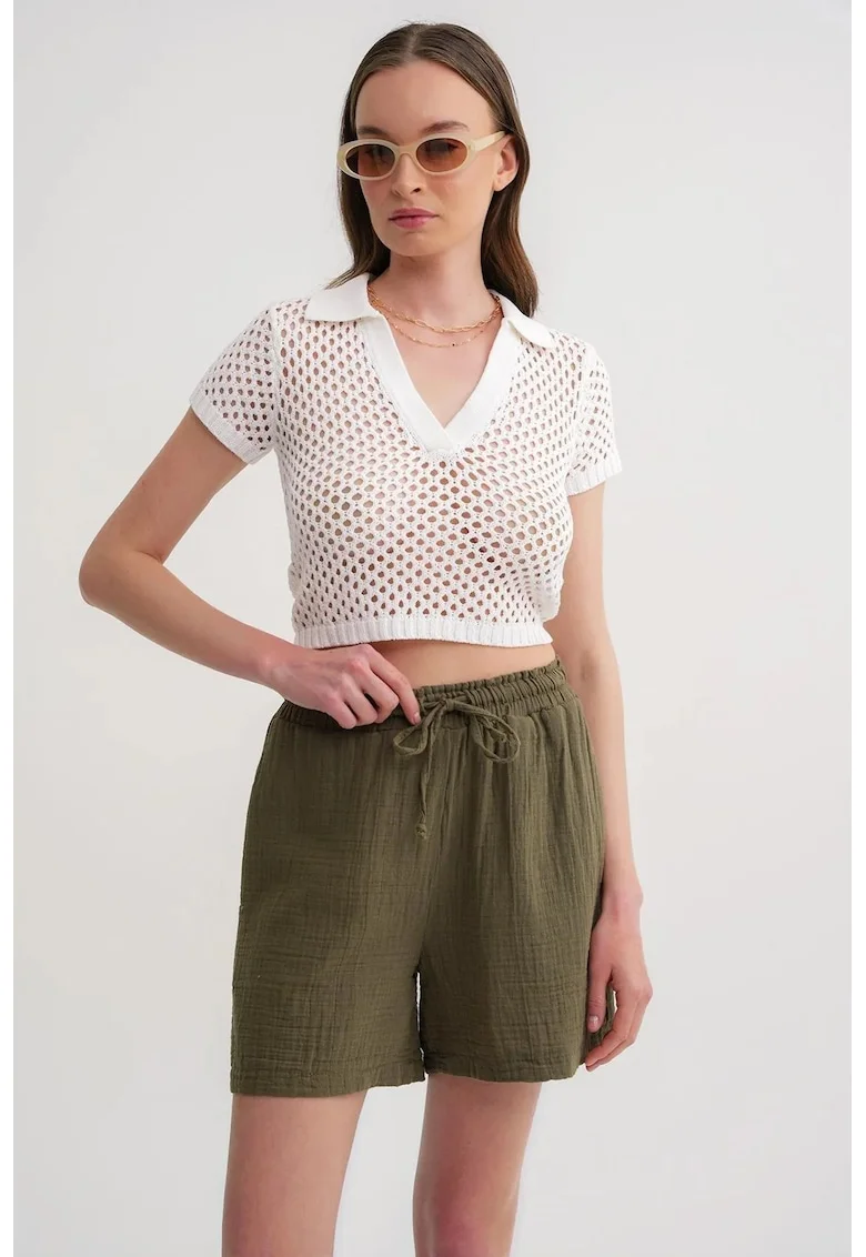 Pantaloni scurti dama,  bumbac texturat, verde kaki, talie inalta
