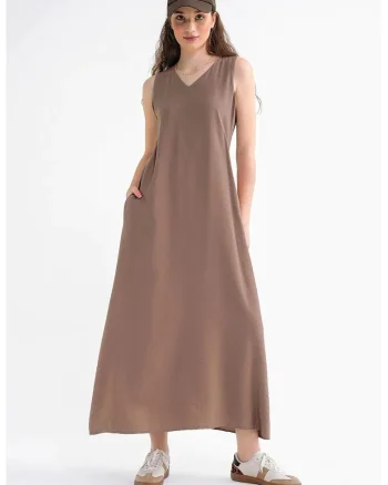 Rochie Maxi  fara maneci, cu buzunare, maro, textil